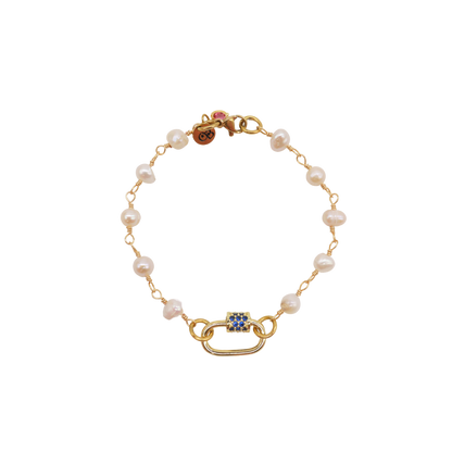 Gold Beth Pearl Charm Bracelet with Assorted Color Cubic Zirconia Small Gabi Carabiner