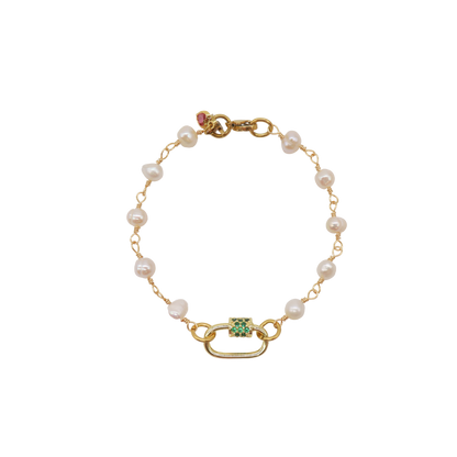 Gold Beth Pearl Charm Bracelet with Assorted Color Cubic Zirconia Small Gabi Carabiner