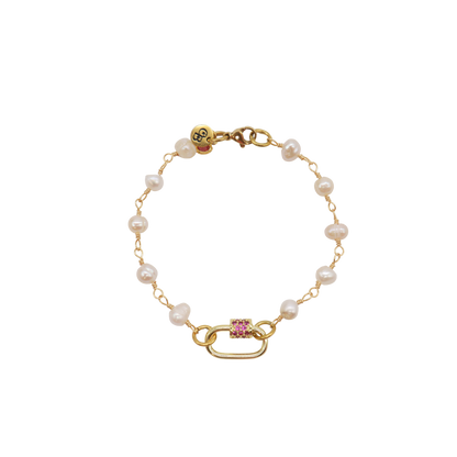Gold Beth Pearl Charm Bracelet with Assorted Color Cubic Zirconia Small Gabi Carabiner