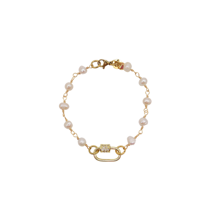 Gold Beth Pearl Charm Bracelet with Assorted Color Cubic Zirconia Small Gabi Carabiner