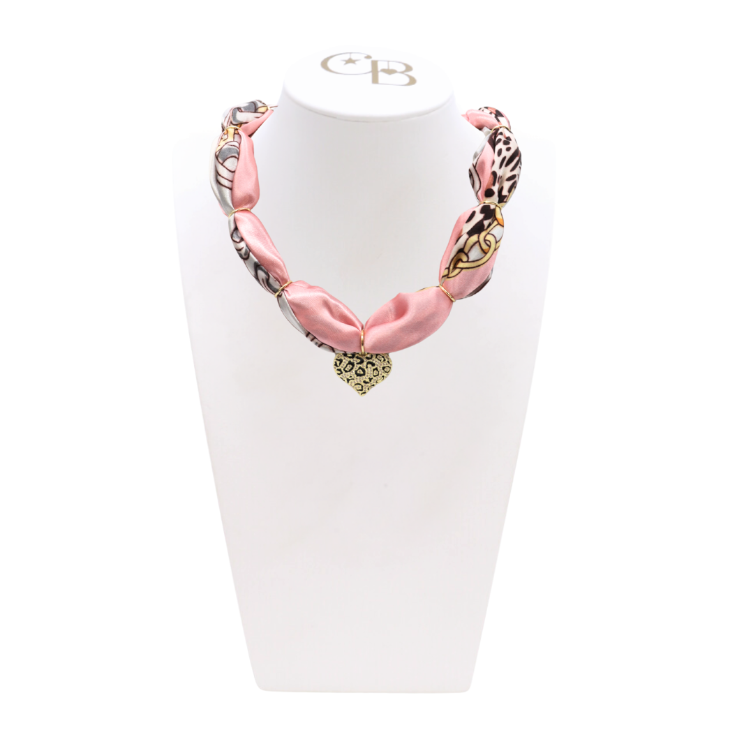 Pink Panther Thick Bubble Scarf Necklace with our Gold and Black Pave Leopard Heart Charm on CB Bust