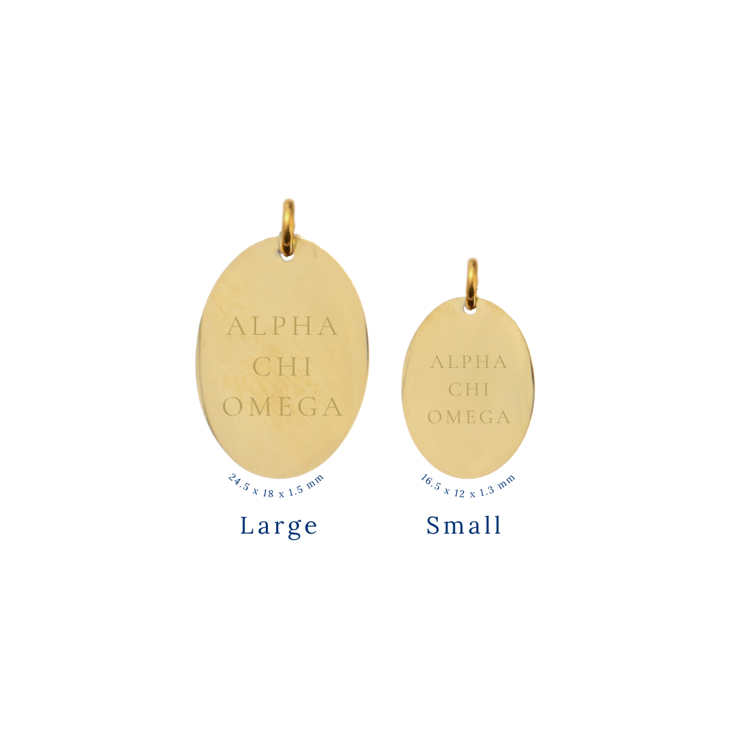 Alpha Chi Omega gold large oval charm and small oval charm comparison with full sorority name front view