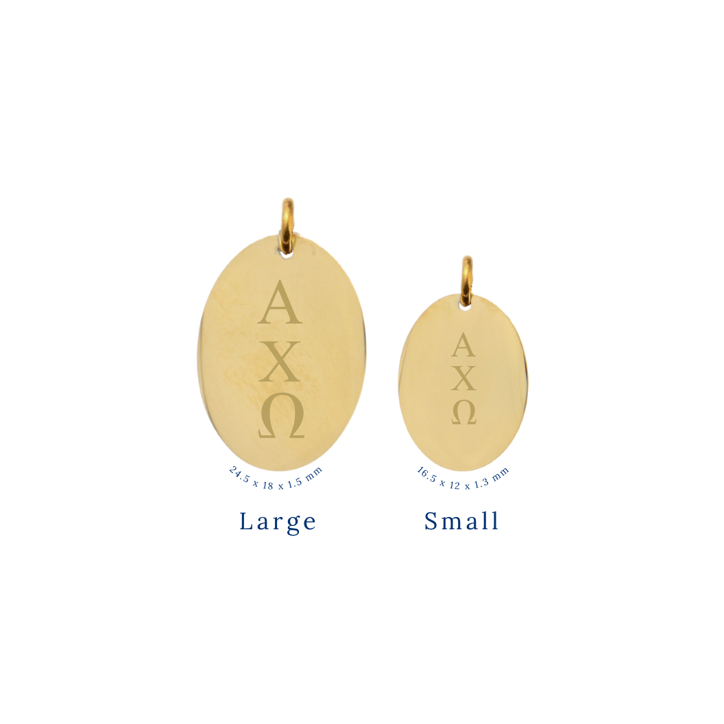 Alpha Chi Omega gold large oval charm and small oval charm comparison with vertical greek letters front view