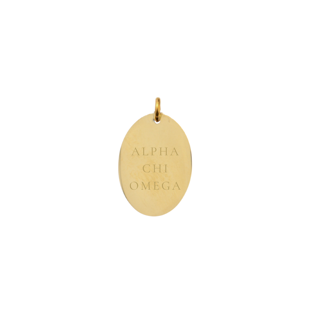 Alpha Chi Omega gold large oval charm with full sorority name front view