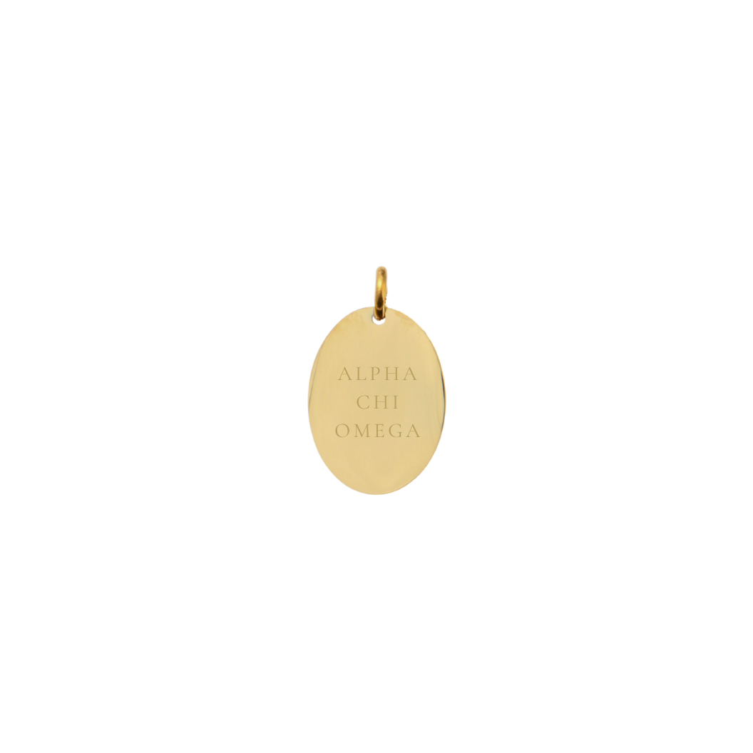 Alpha Chi Omega gold large oval charm with full sorority name front view