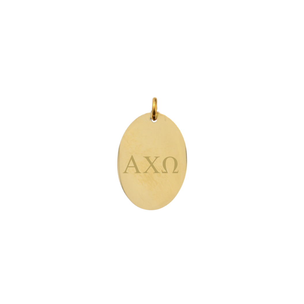 Alpha Chi Omega gold large oval charm with horizontal greek letters front view