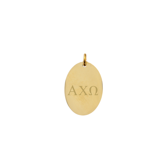 Alpha Chi Omega gold large oval charm with horizontal greek letters front view