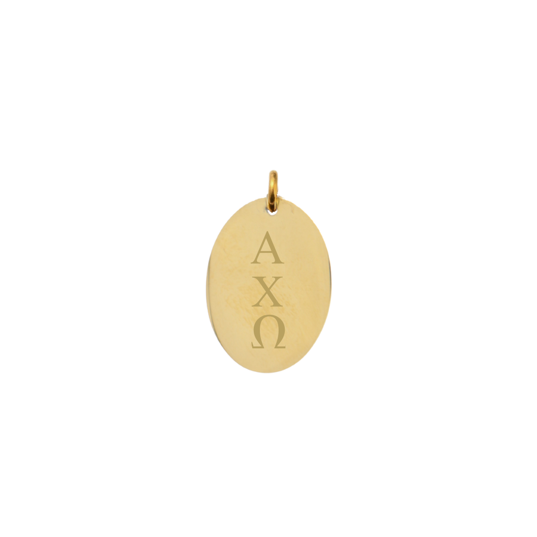Alpha Chi Omega gold large oval charm with vertical greek letters front view