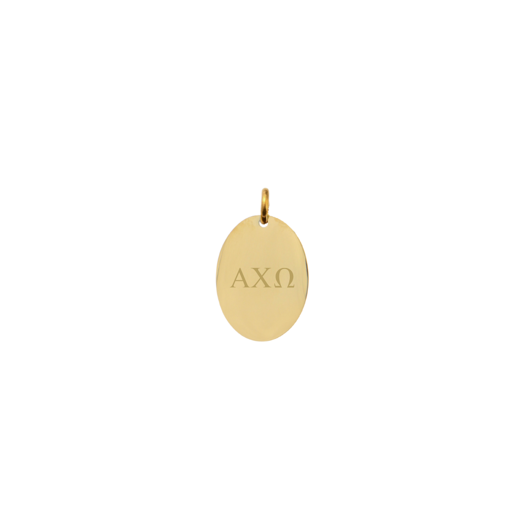 Alpha Chi Omega gold small oval charm with horizontal greek letters front view