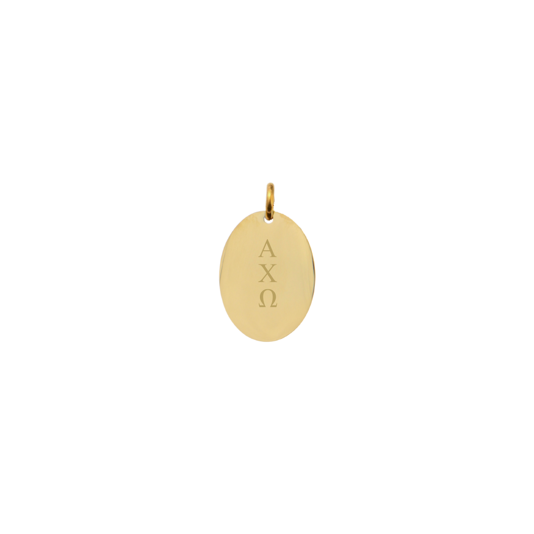 Alpha Chi Omega gold small oval charm with vertical greek letters front view
