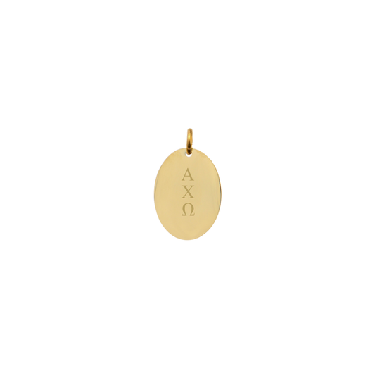 Alpha Chi Omega gold small oval charm with vertical greek letters front view
