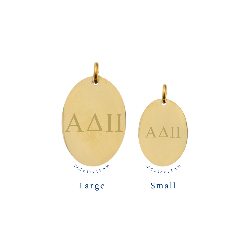 Alpha Delta Pi gold large oval charm and small oval charm comparison with horizontal greek letters front view.