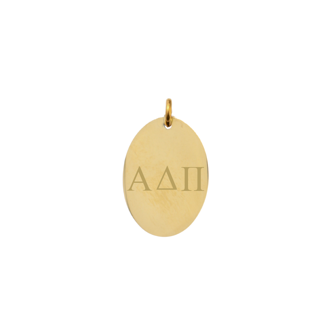 Alpha Delta Pi gold large oval charm with horizontal greek letters front view.