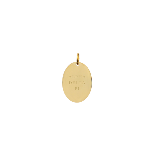 Alpha Delta Pi gold small oval charm with full sorority name front view.