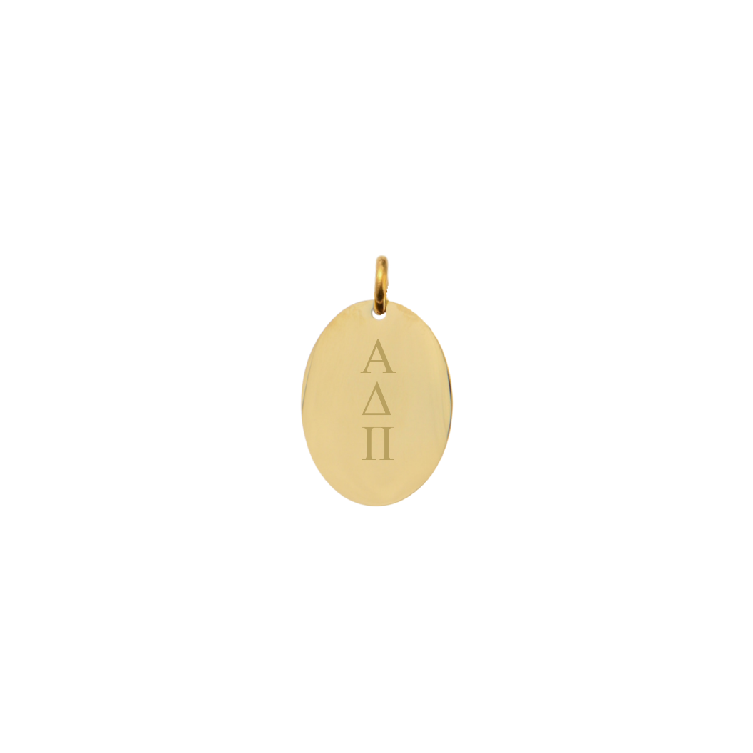 Alpha Delta Pi gold small oval charm with vertical greek letters front view.