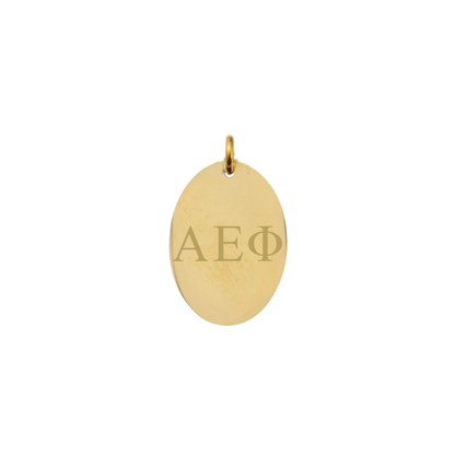 Alpha Epsilon Phi gold large oval charm with horizontal greek letters front view