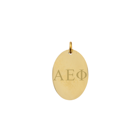 Alpha Epsilon Phi gold large oval charm with horizontal greek letters front view