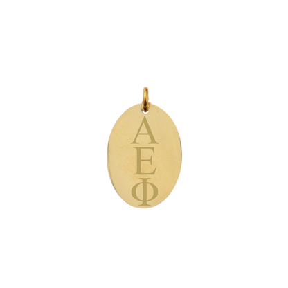 Alpha Epsilon Phi gold large oval charm with vertical/stacked greek letters front view