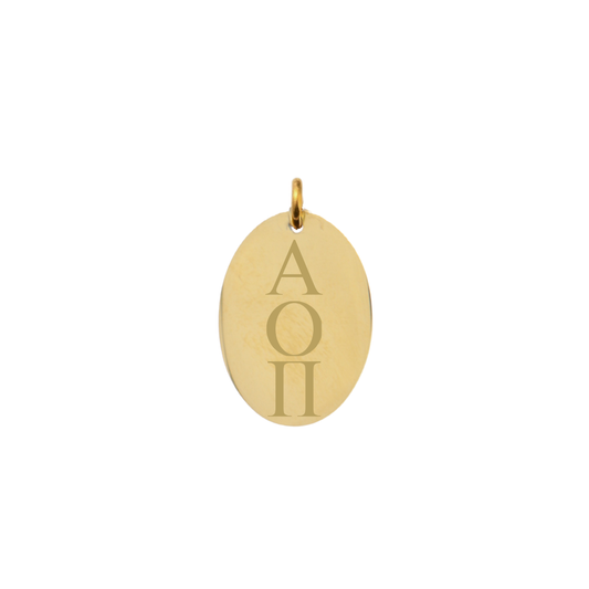 Alpha Omicron Pi gold large oval charm with vertical/stacked greek letters front view