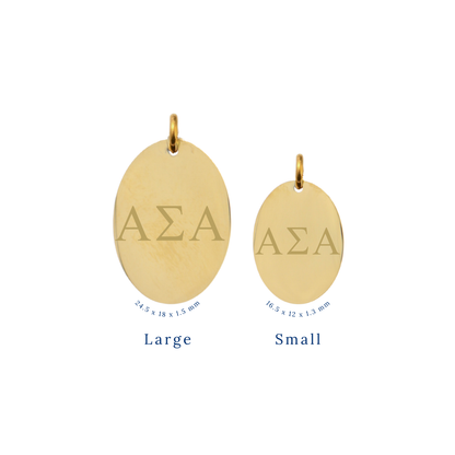 Alpha Sigma Alpha gold large oval charm and small oval charm comparison with horizontal greek letters front view