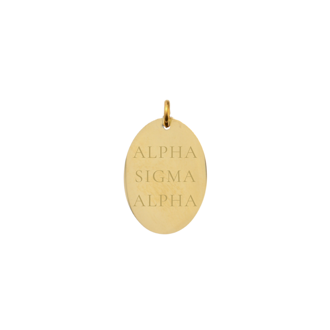 Alpha Sigma Alpha gold large oval charm with full sorority name front view