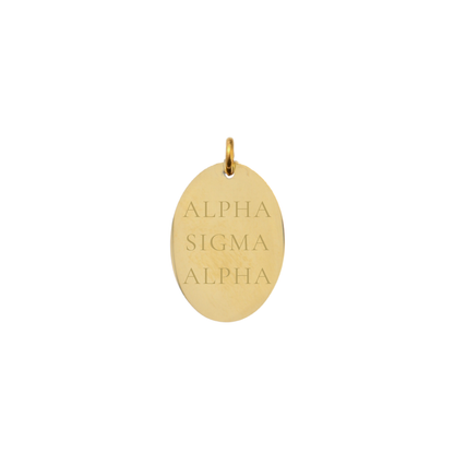 Alpha Sigma Alpha gold large oval charm with full sorority name front view