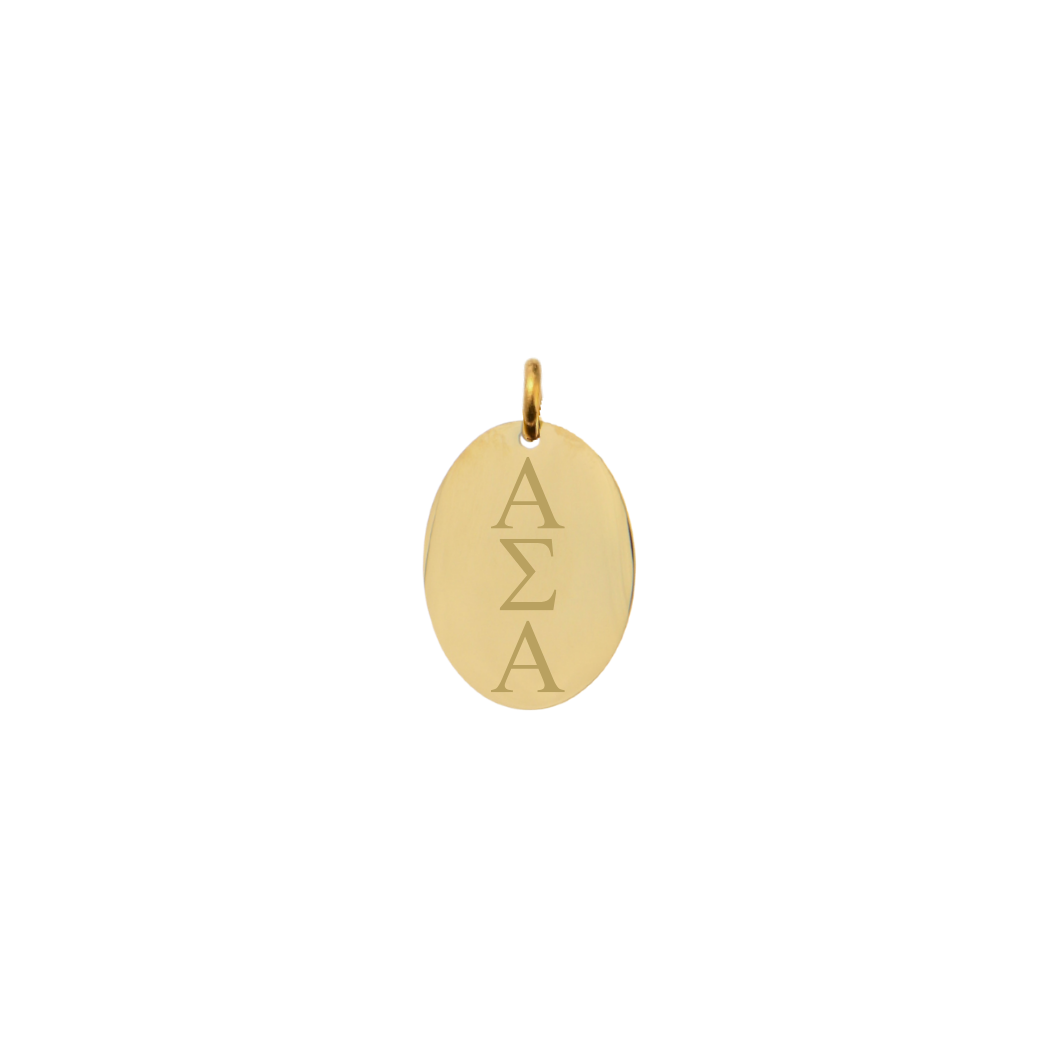 Alpha Sigma Alpha gold small oval charm with vertical/stacked greek letters front view