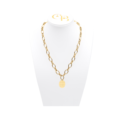 Alpha Sigma Alpha gold large link evermore necklace with large oval charm displayed on white necklace bust front view with full sorority name