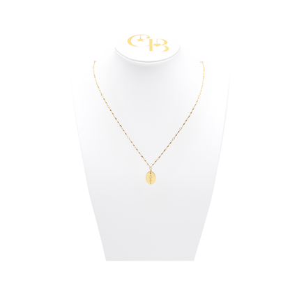 Alpha Sigma Tau gold simple twist necklace with small gold oval charm displayed on white necklace bust front view with vertical/stacked greek letters.