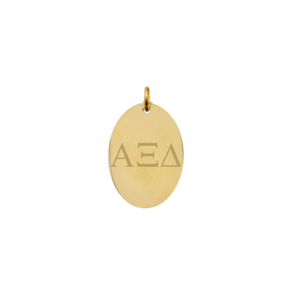Alpha XI Delta gold large oval charm with horizontal greek letters front view