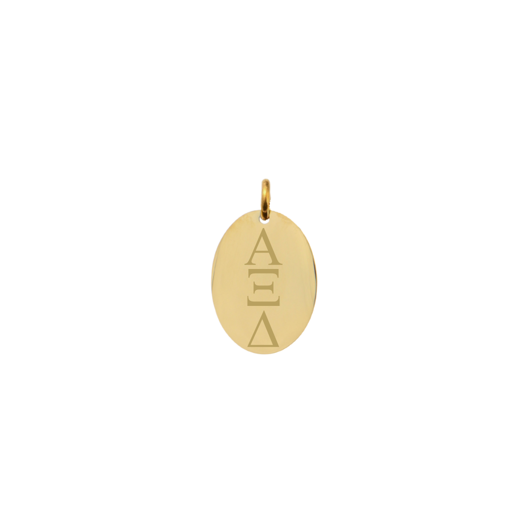 Alpha XI Delta gold small oval charm with vertical/stacked greek letters
