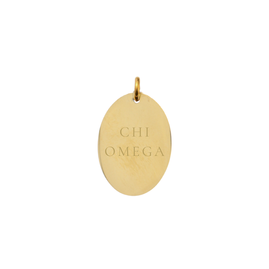 Chi Omega gold large oval charm with full sorority name front view.