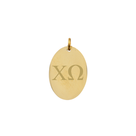Chi Omega gold large oval charm with horizontal greek letters front view.