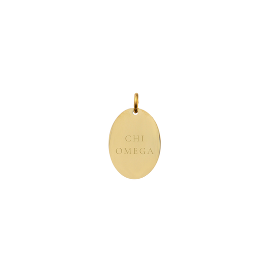 Chi Omega gold Small oval charm with full sorority name front view.