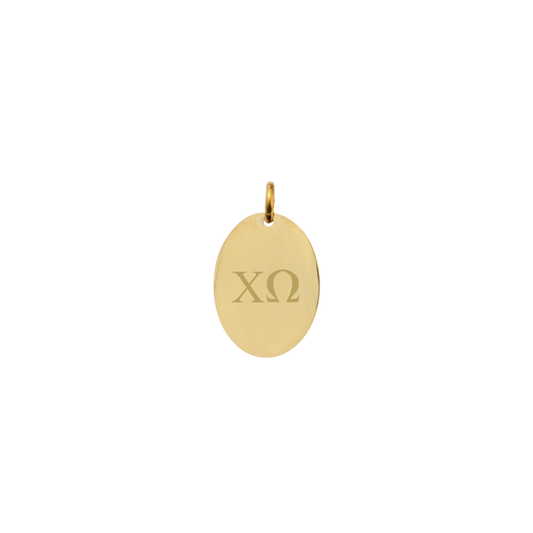 Chi Omega gold small oval charm with horizontal greek letters front view.