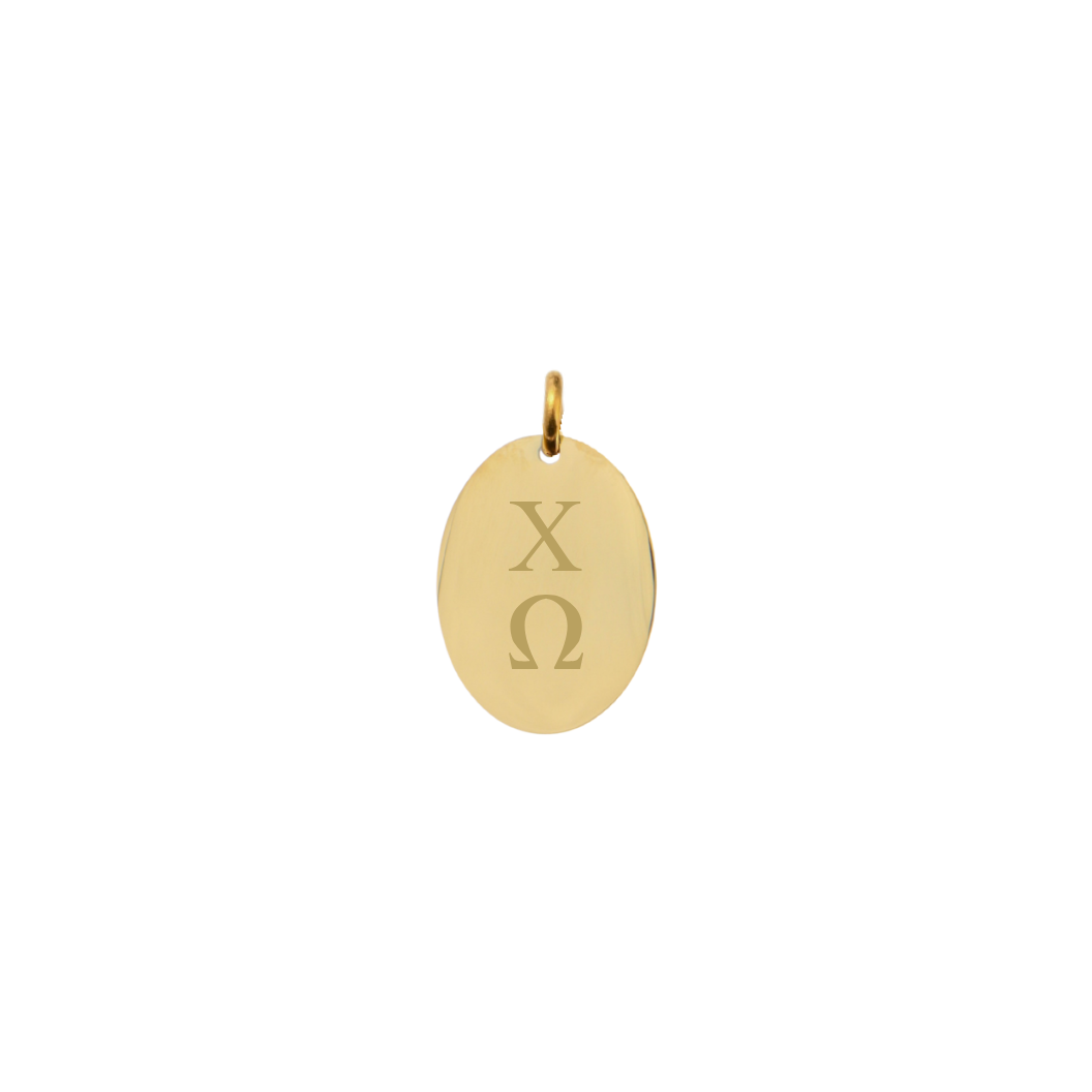 Chi Omega gold small oval charm with vertical greek letters front view.