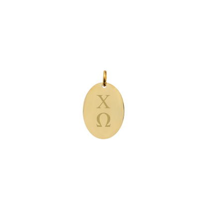 Chi Omega gold small oval charm with vertical greek letters front view.