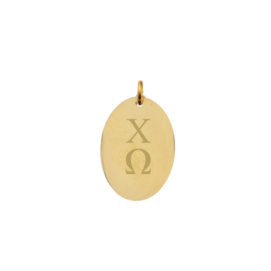 Chi Omega gold small oval charm with vertical greek letters front view.