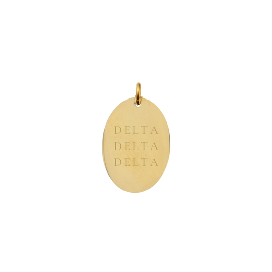 Delta Delta Delta gold large oval charm with full sorority name front view
