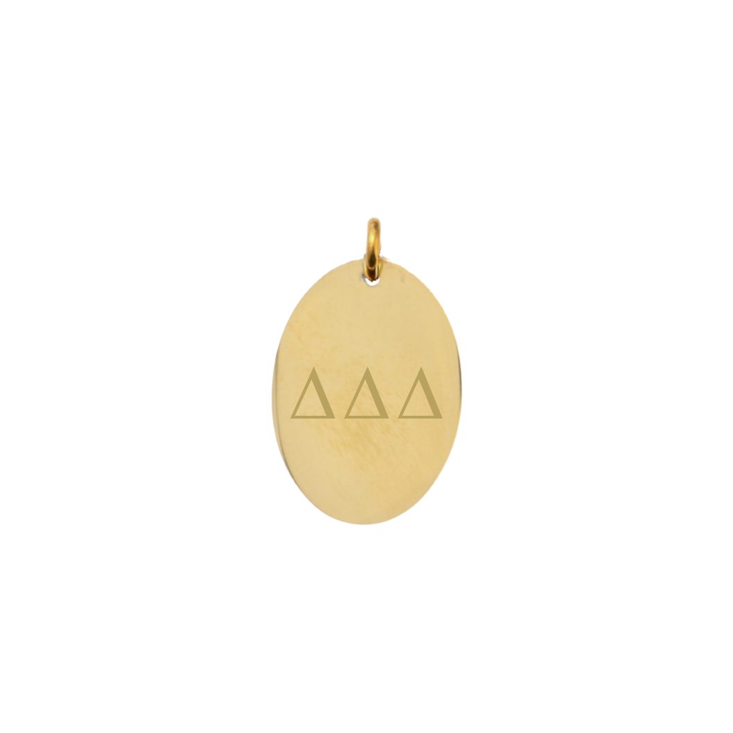 Delta Delta Delta gold large oval charm with horizontal greek letters front view
