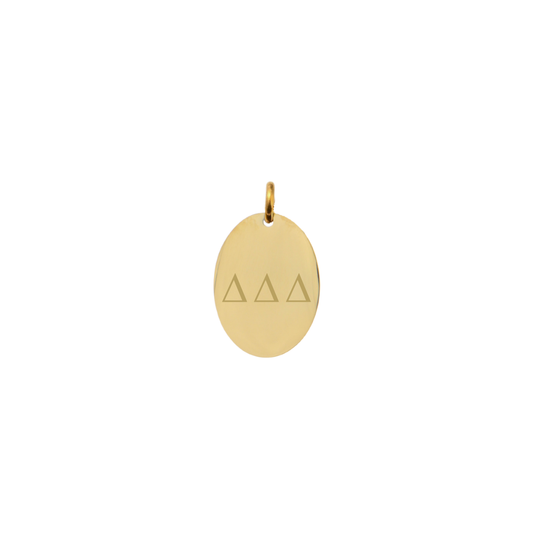 Delta Delta Delta gold large oval charm with horizontal greek letters front view