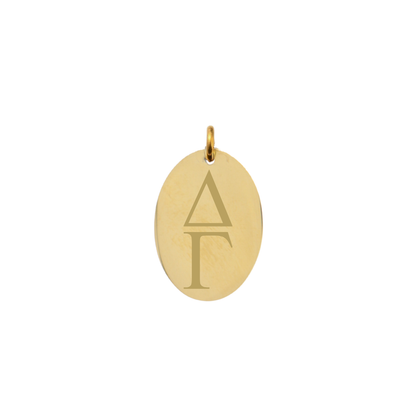Delta Gamma gold large oval charm with vertical/stacked greek letters front view