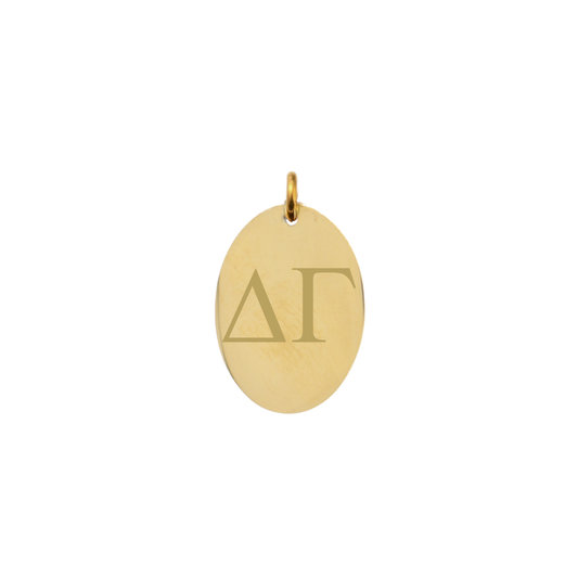 Delta Gamma gold large oval charm with horizontal greek letters front view