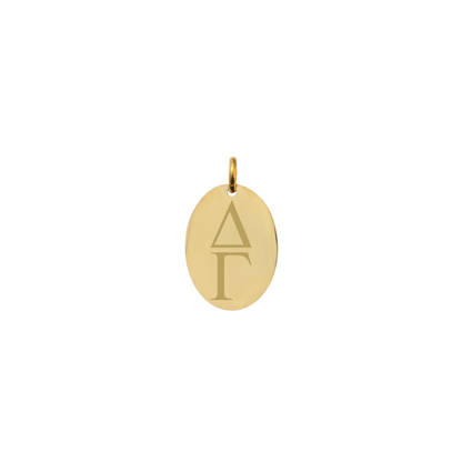 Delta Gamma gold small oval charm with vertical/stacked greek letters front view