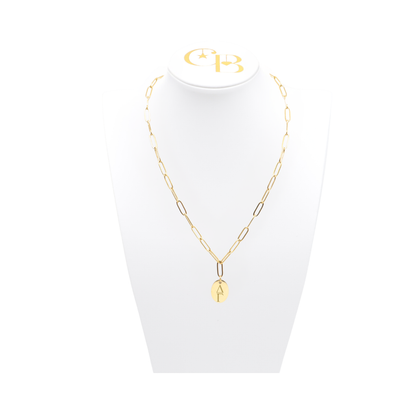 Delta Gamma gold link storyline necklace with small oval charm displayed on white necklace bust front view with vertical/stacked greek letters