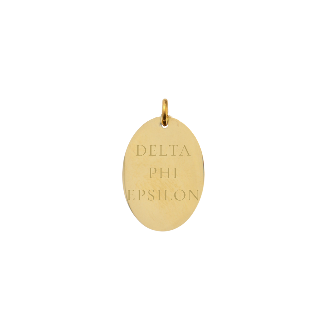 Delta Phi Epsilon gold large oval charm with full sorority name front view