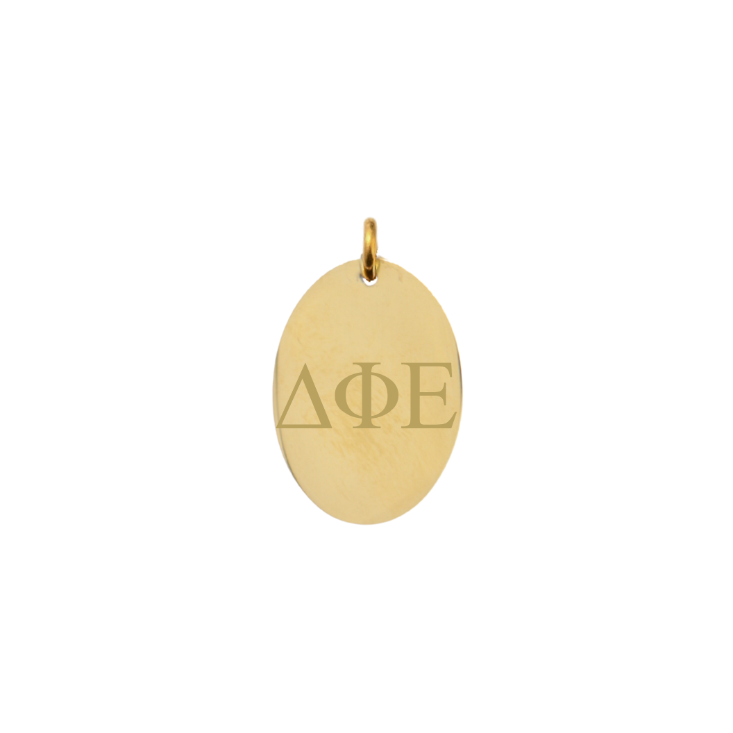Delta Phi Epsilon gold large oval charm with horizontal greek letters front view