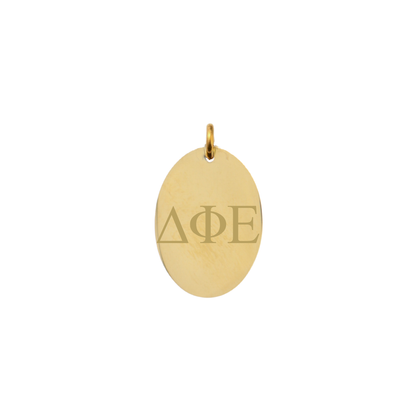Delta Phi Epsilon gold large oval charm with horizontal greek letters front view