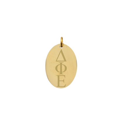 Delta Phi Epsilon gold large oval charm with vertical/stacked greek letters front view