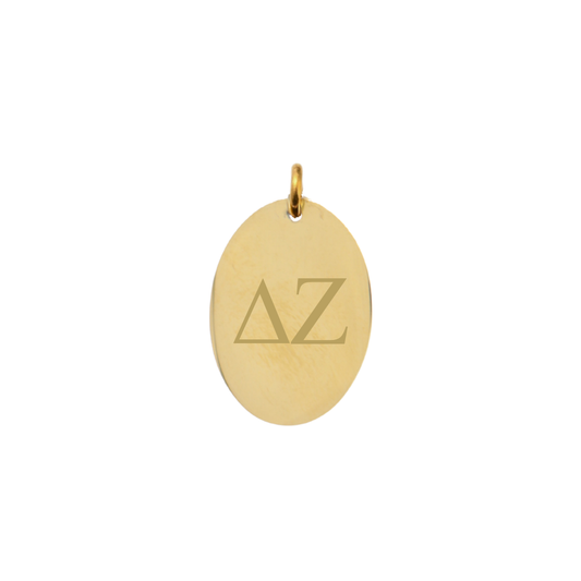 Delta Zeta gold large oval charm with horizontal greek letters front view.